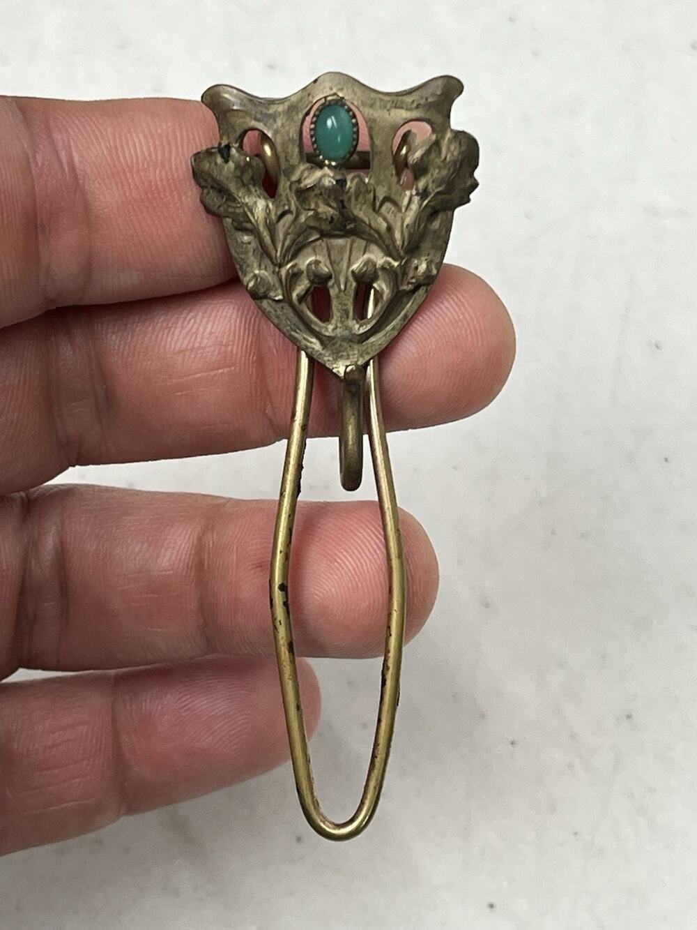 Antique Clip Hair Hat Pin Green Jewel Brass Victorian Heavy Beautiful Ornate